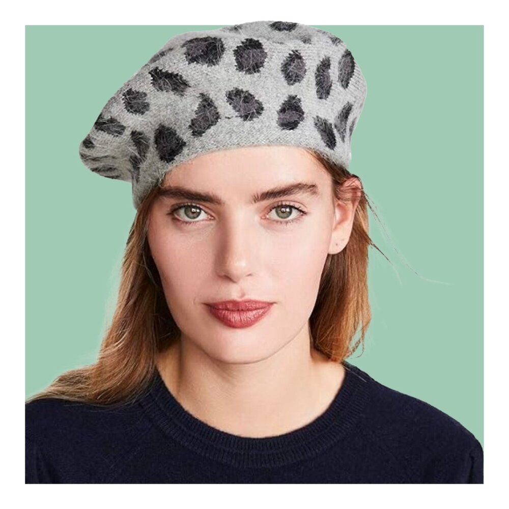 Hat Attack Grey and Black Leopard Animal Print Beret Hat for Fall Winter NWT